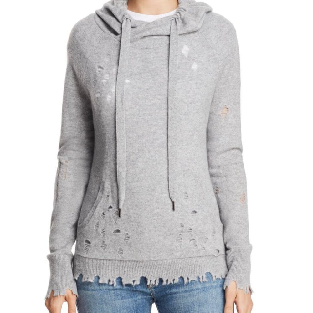 Aqua grey cashmere distressed hooded sweater
